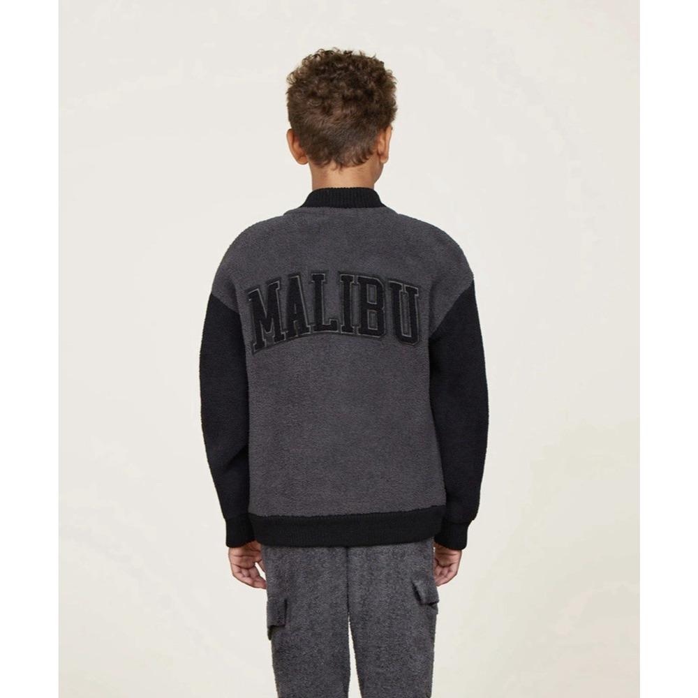 Barefoot Dreams CozyChic Youth Unisex Malibu Varsity Jacket Black Gray Sz 12/14